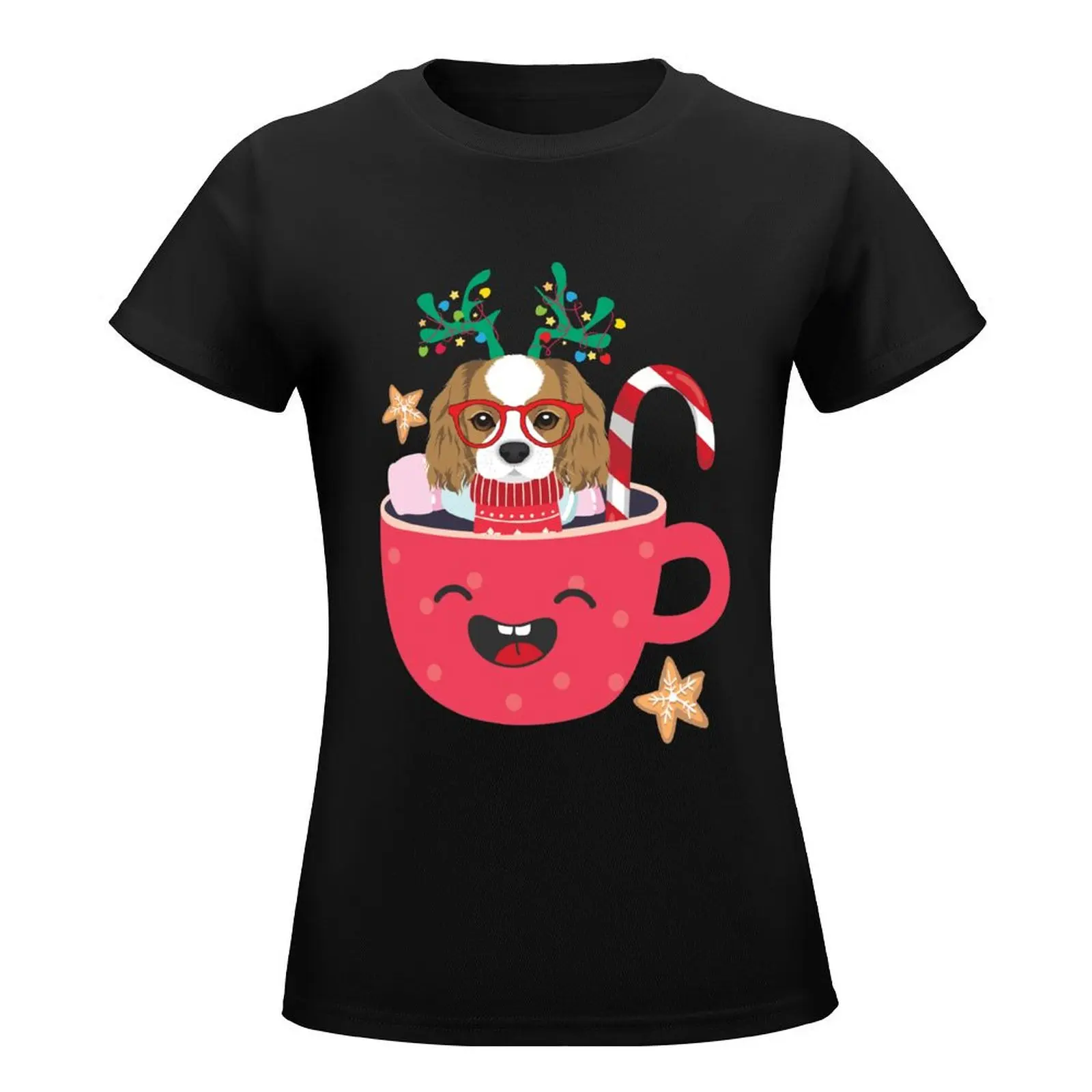 Cavalier King Charles Spaniel Teacup Xmas Holiday T-Shirt Short sleeve tee kawaii clothes Blouse lady clothes Womens clothing