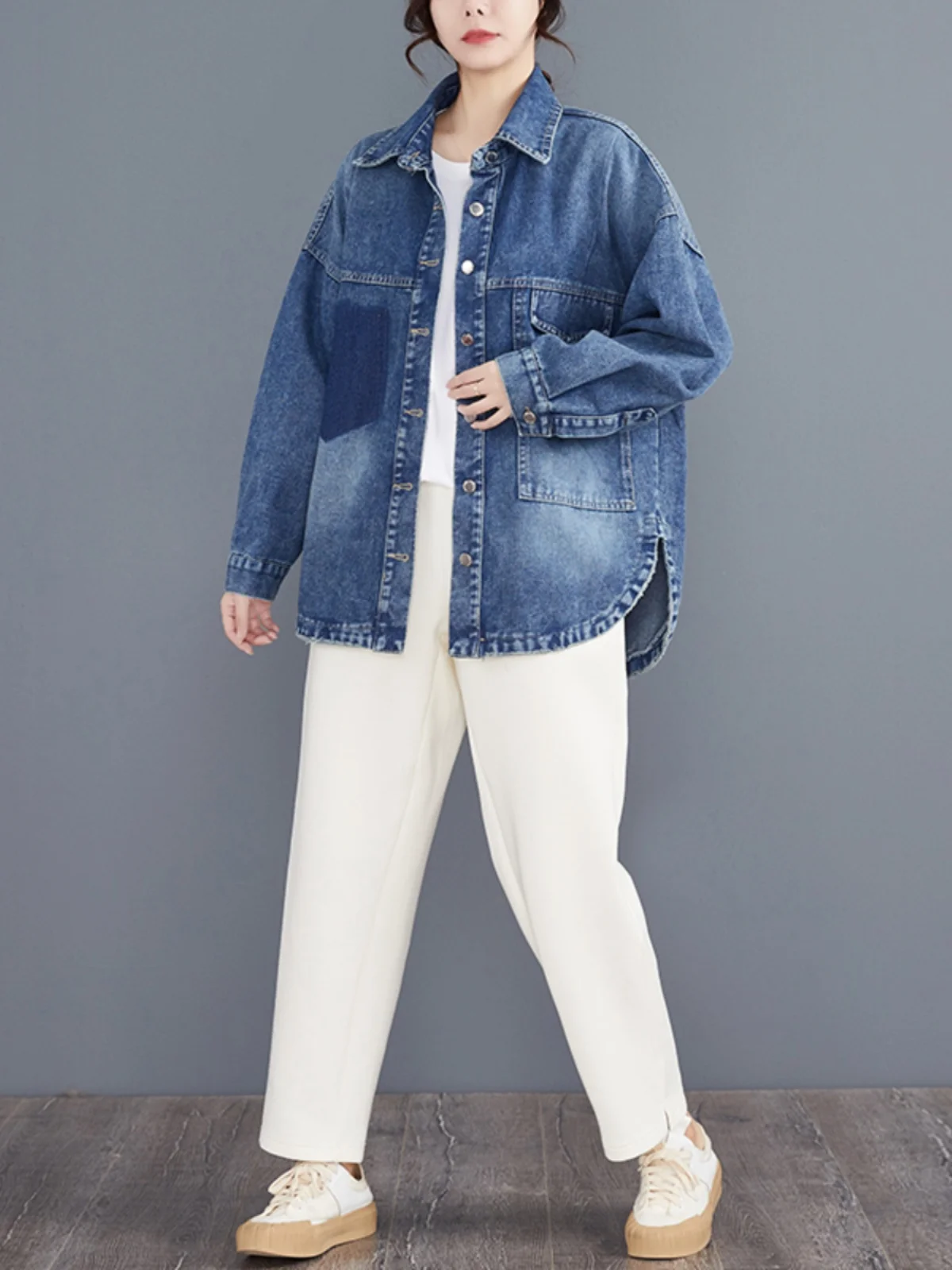 

Faionable Long Sve Denim irt Свободный крой плюс размер Универсальная утягивающая верхняя одежда для женщин Осенние брендовые товары по индивидуальному заказу