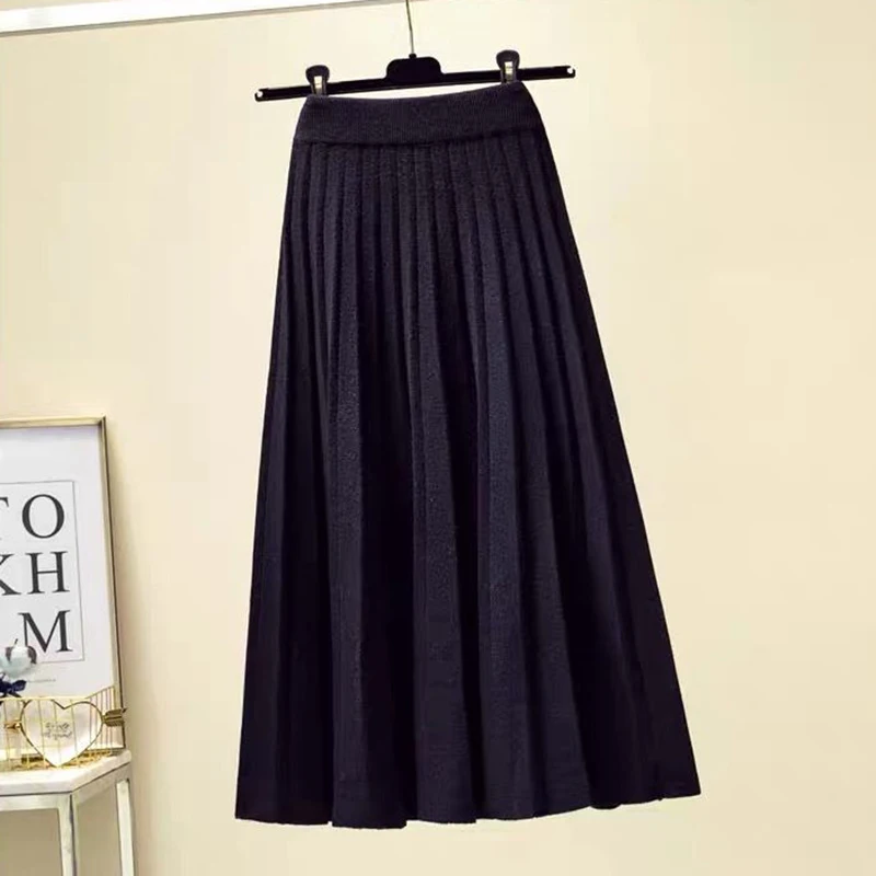 Autumn Winter High Waist Knitted Skirt Women's Mid-Length Wool A- Line Large Pendulum College Style Pleated Skirt Warm Skirt2025