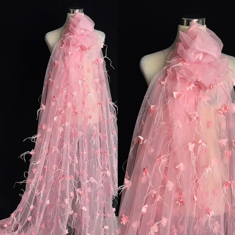 

Latest 3D feather floral embroidered mesh fabric for wedding dress and evening gown designer fabric