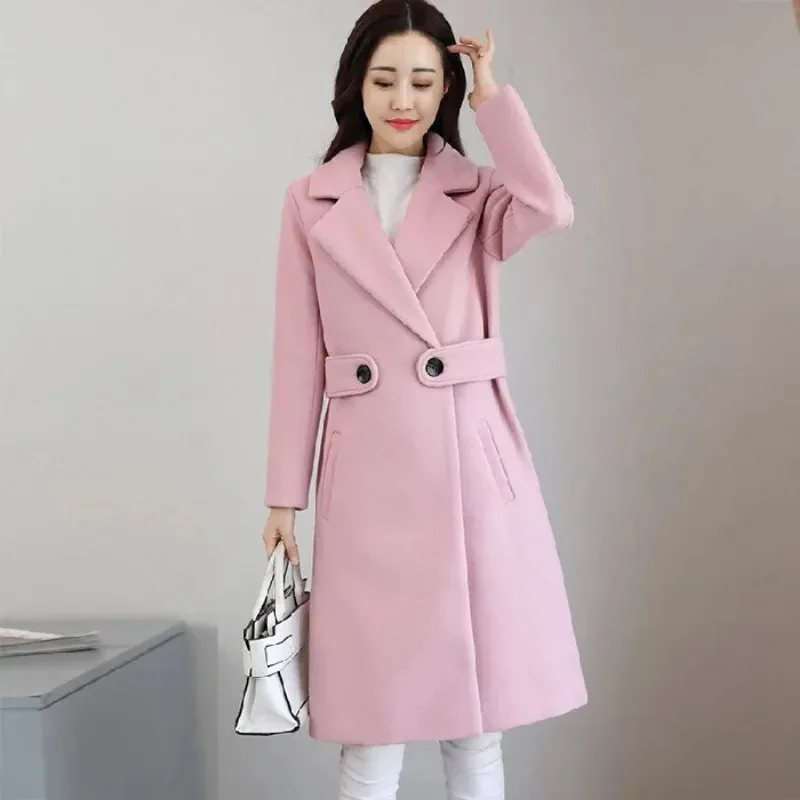 Fall Winter Women Overcoat Thick Solid Color Turn-down Collar Long Sleeve Cardigan Belted Button Mid Length Loose Lady Coat