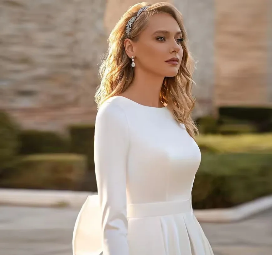 Eightale Arabische trouwjurk lieverd op maat ivoor satijn lange mouwen bruidsjurk a-lijn strik bruid feestjurk