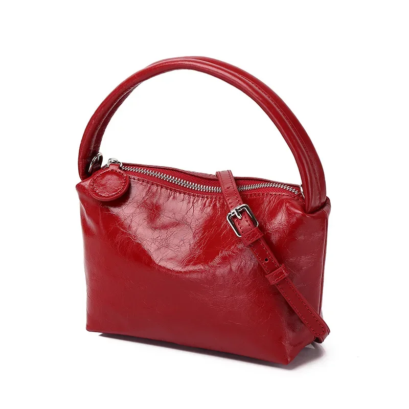 

Women's Simple Glossy Cracked Leather Handbag Head Layer Cowhide Handheld Single Shoulder Diagonal Cross Small Square Bag