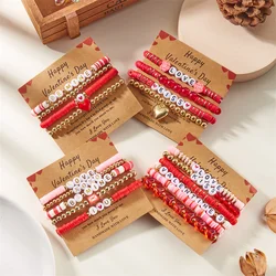 Charm Polymer Clay Beads Love Heart Bracelet Set for Women Couple Bangle Valentine's Day Jewelry Rose Letter Wrap Gifts