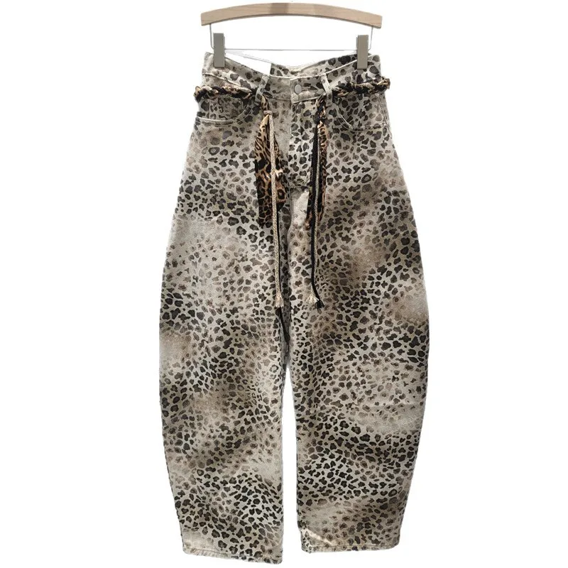 ANJY خريف جديد جينز نسائي مغسول عتيق متدرج بطبعة الفهد ملابس الشارع الشهير الهيب هوب Y2K سروال دينم عصري A11295