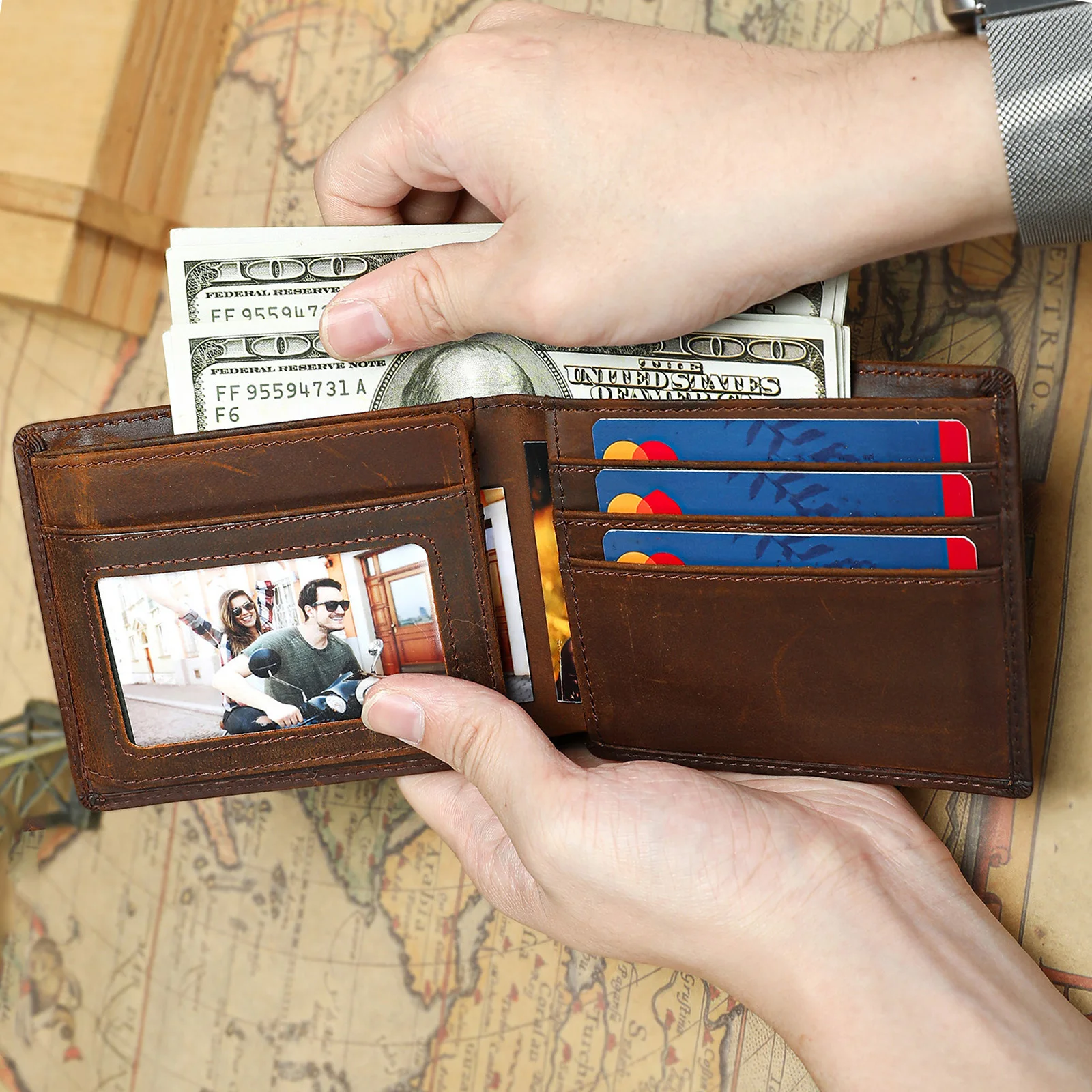 Custom Personalized Men Wallet Leather Engraved Name Logo Vintage Crazy Horse Short Bifold Purse Zipper Coin Pocket Gift