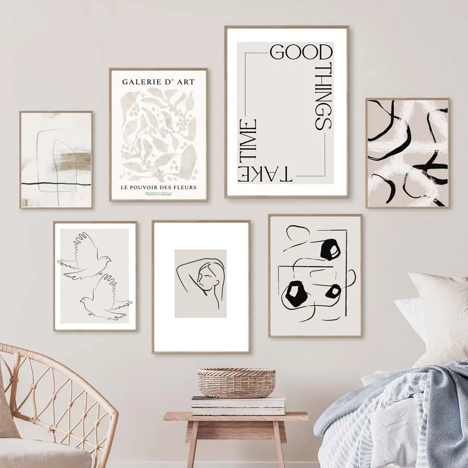 Abstract Minimalist Leaves Curve Line Dove Gallery Boho Wall Art Mural Print Canvas Painting Boho Poster Living Room Home Decor