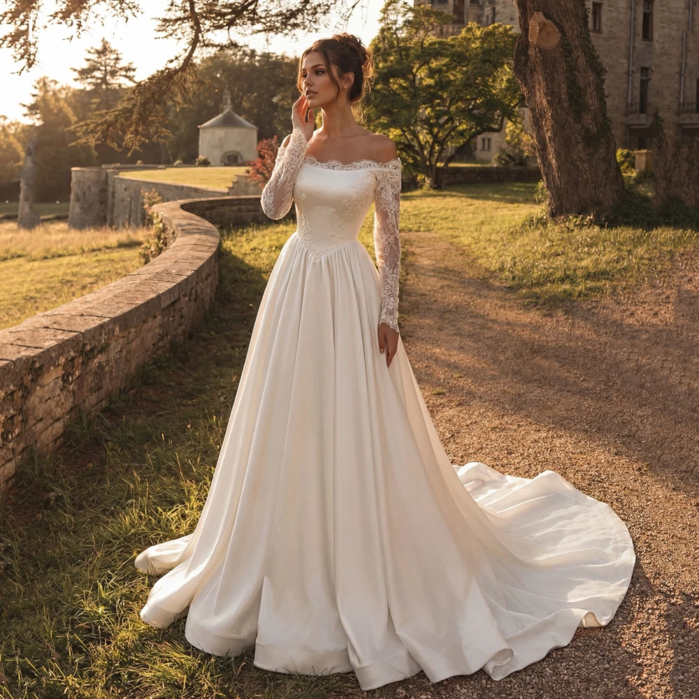LORIE Exquisite Satin Wedding Dresses Off The Shoulder Lace Full Sleeves Bridal Dress A-Line Train Bride Prom Gowns Customized