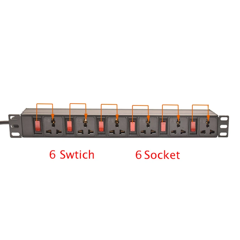 19inch 1U Network Cabinet Rack Power Strip Independent Switch 6ON/OFF 6Ways Universal Socket Power Distribution Unit