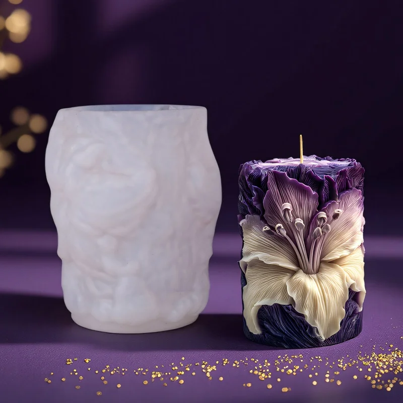 

DIY рельефная цилиндрическая свеча с цветком лилии, силиконовая форма, ручная работа, ароматерапевтическая свеча, ароматный камень, форма для изготовления гипса