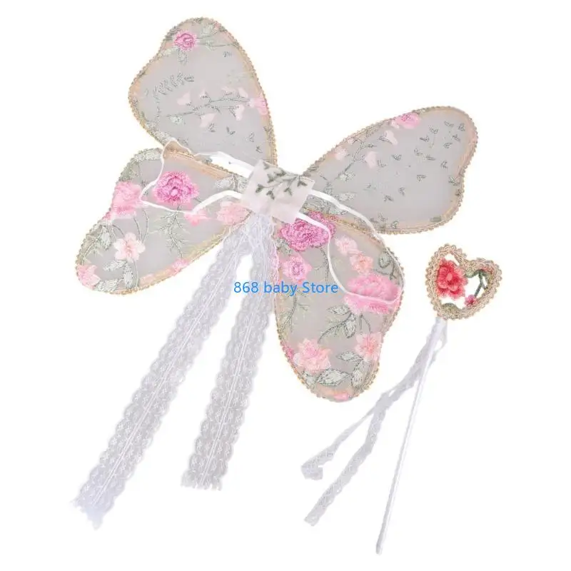 29EE Soft Lace Angel Wing for Kids Photography Adjustable for Baby Girls with Wand