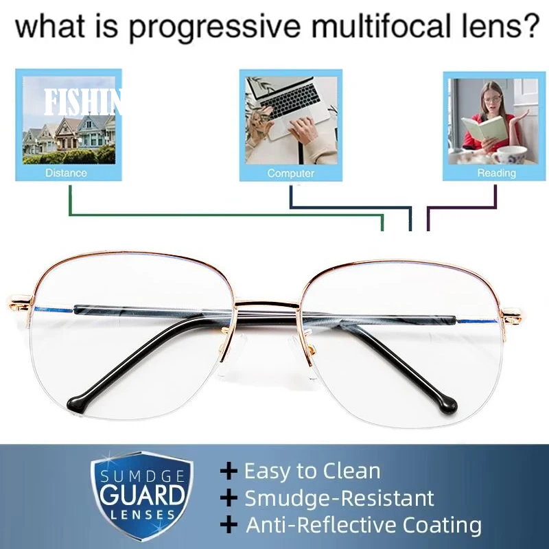 Progressive Multifokale Lesebrille mit großem Rahmen für Herren, blaues Licht blockierende Presbyopie-Brille aus Titanlegierung, Dioptrien bis +4,0