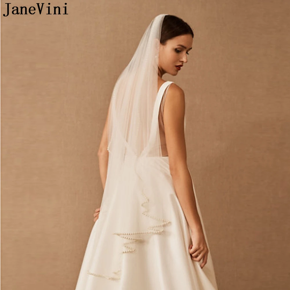 JaneVini Luxo Pérolas Edge Bridal Veils Elegante Curto Véu Do Casamento com Cabelo Pente 1 Tier Fingertip Noiva Italiano Tulle Veil