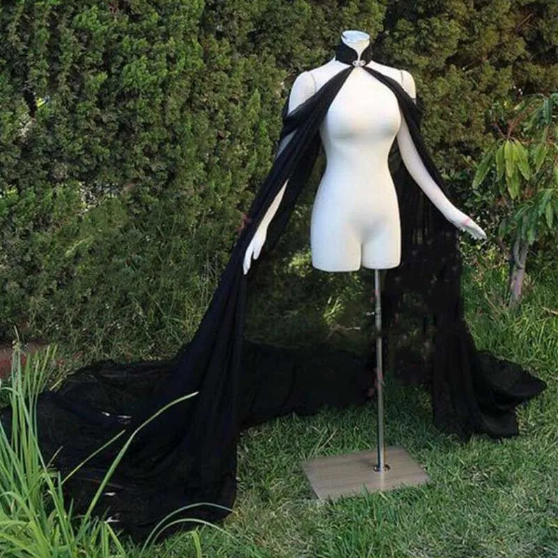 

Black chiffon Elegant Women Bride Bolero Cape For Evening Dress Coat Wedding Accessories Bride Cloak Long Shawl Elf Dress Up