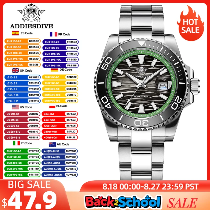 

ADDIESDIVE New Watch Men 200m Diving 41mm Stainless Steel Ceramic Bezel Waterproof Quartz Wristwatch BGW9 Luminous Diver's Watch