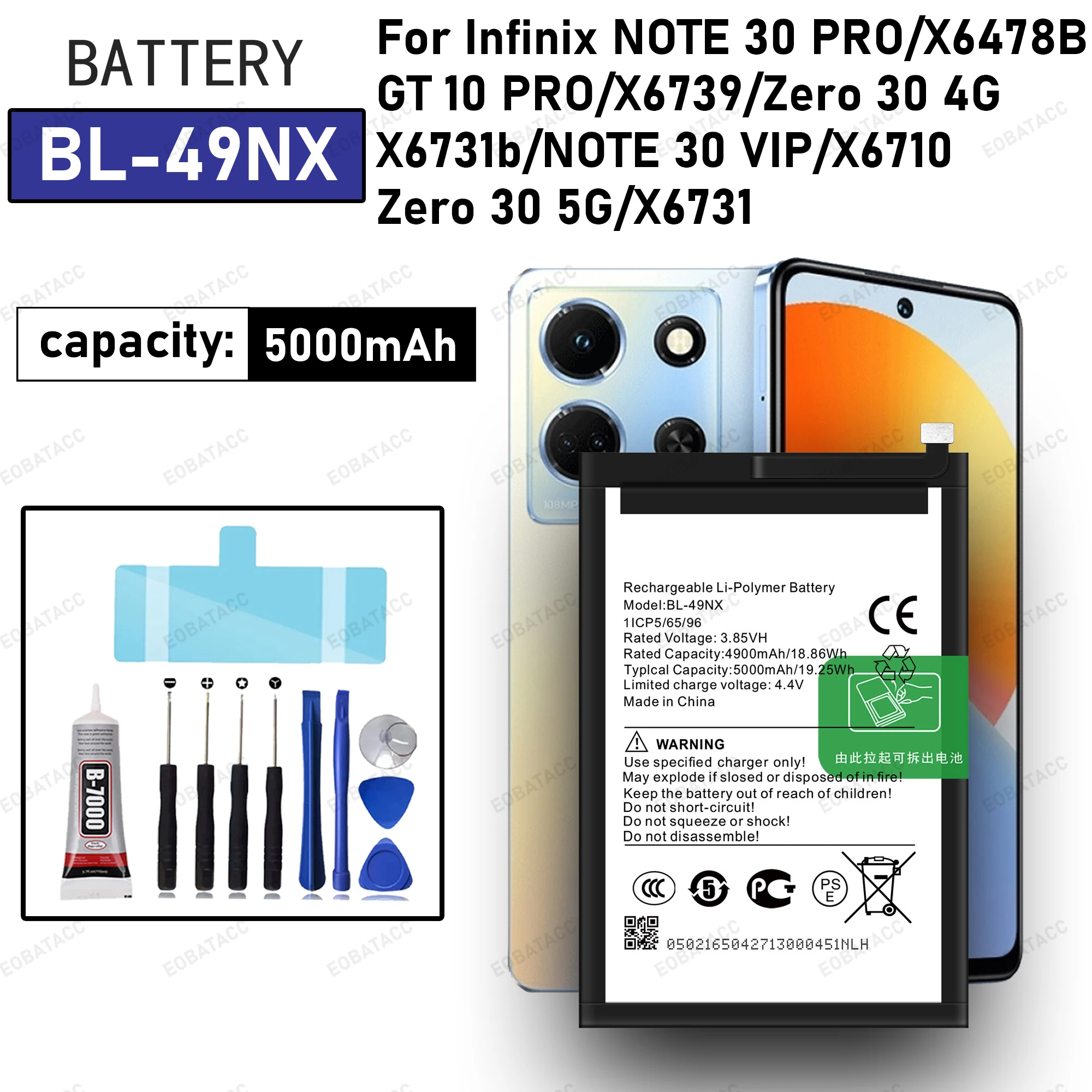 

100% New Zero Cycle BL-49NX Battery For Infinix Note 30 Pro/GT 10 Pro/Zero 30 4G/Note 30 VIP/Zero 30 5G Bateria +Free Tools