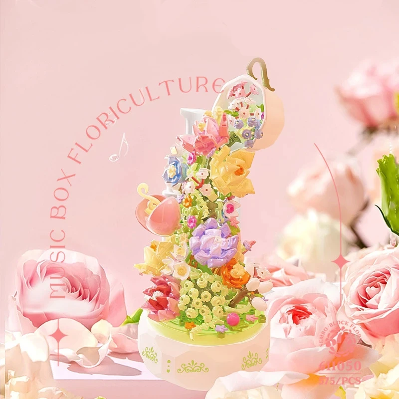 SEMBO Teacup Flower Waterfall Light Music Box Building Blocks Plants Moon Model Fantasy Home Decoration Toys Gift for Girlfriend