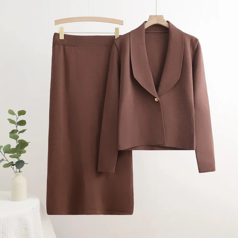 Elegant Knitted 2 Piece Sets Women Lapel Neck Long Sleeve Knitwears Suit Tops Conjuntos Casual Slim Knit Solid Skirts Outfit New