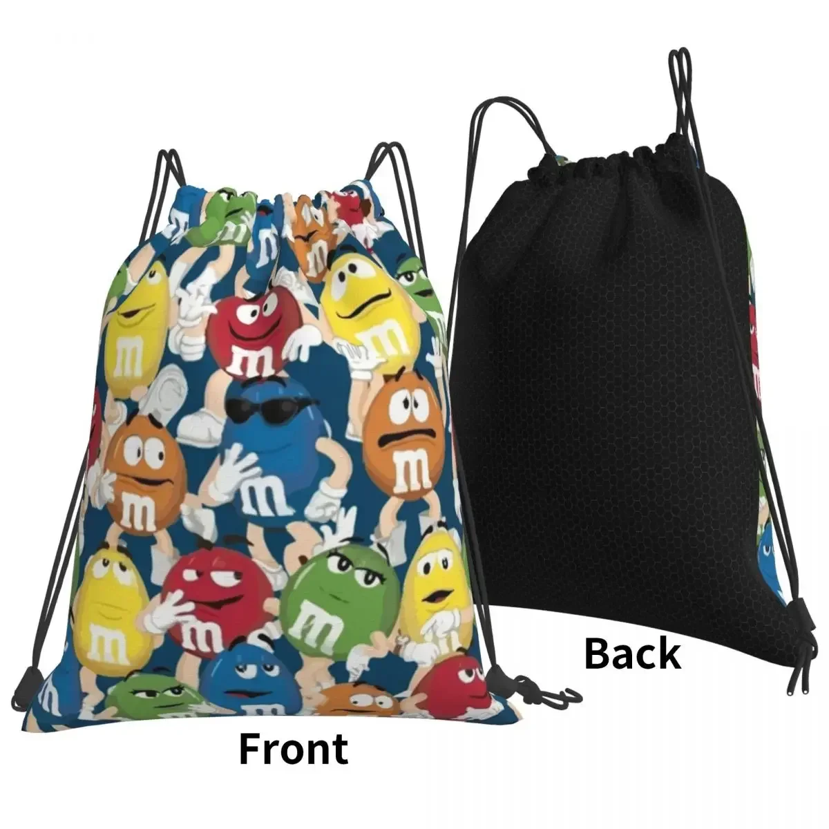 Mochilas de personajes M y M para hombre y mujer, bolso portátil con cordón, bolsa deportiva de bolsillo para libros, escuela, novedad