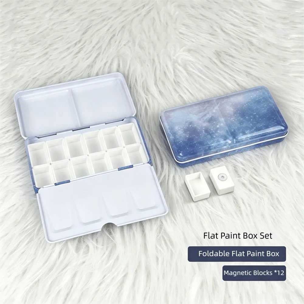 Metal Construction Watercolor Paint Box Portable Size Fold-Out Palette Watercolor Palette Tin 12 Half Pans Lid Design