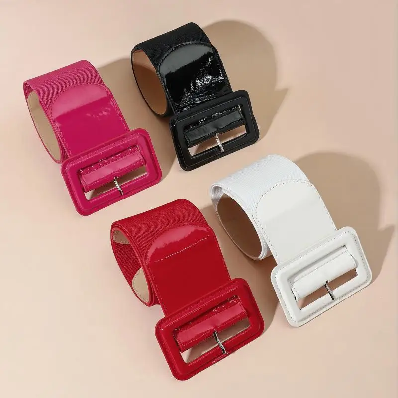 A stretchy elastic mirror leather wide waistband for daily wear, paired with a dress, shirt, and coat