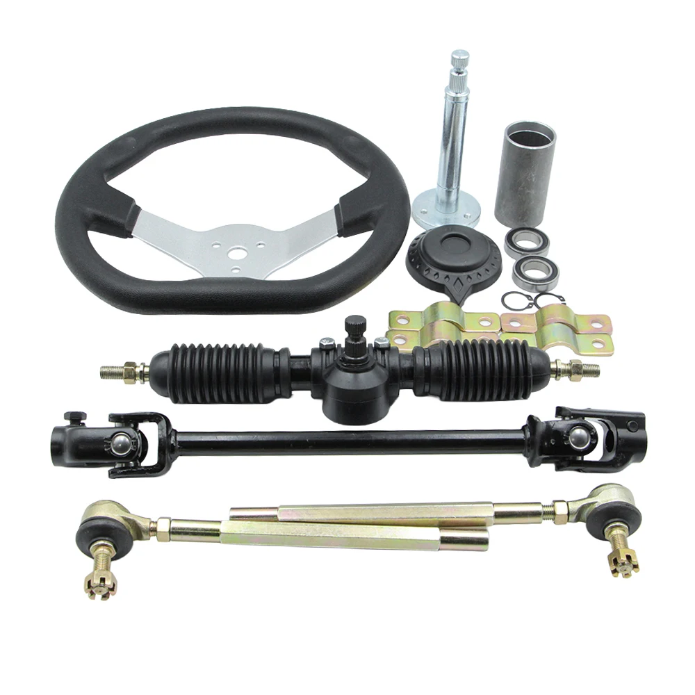 270mm Front Steering Wheel Assembly 320mm/12.6'' Gear Rack Pinion Adjustable Shaft Tie Rod Kit For 110cc Go Kart Golf Buggy UTV