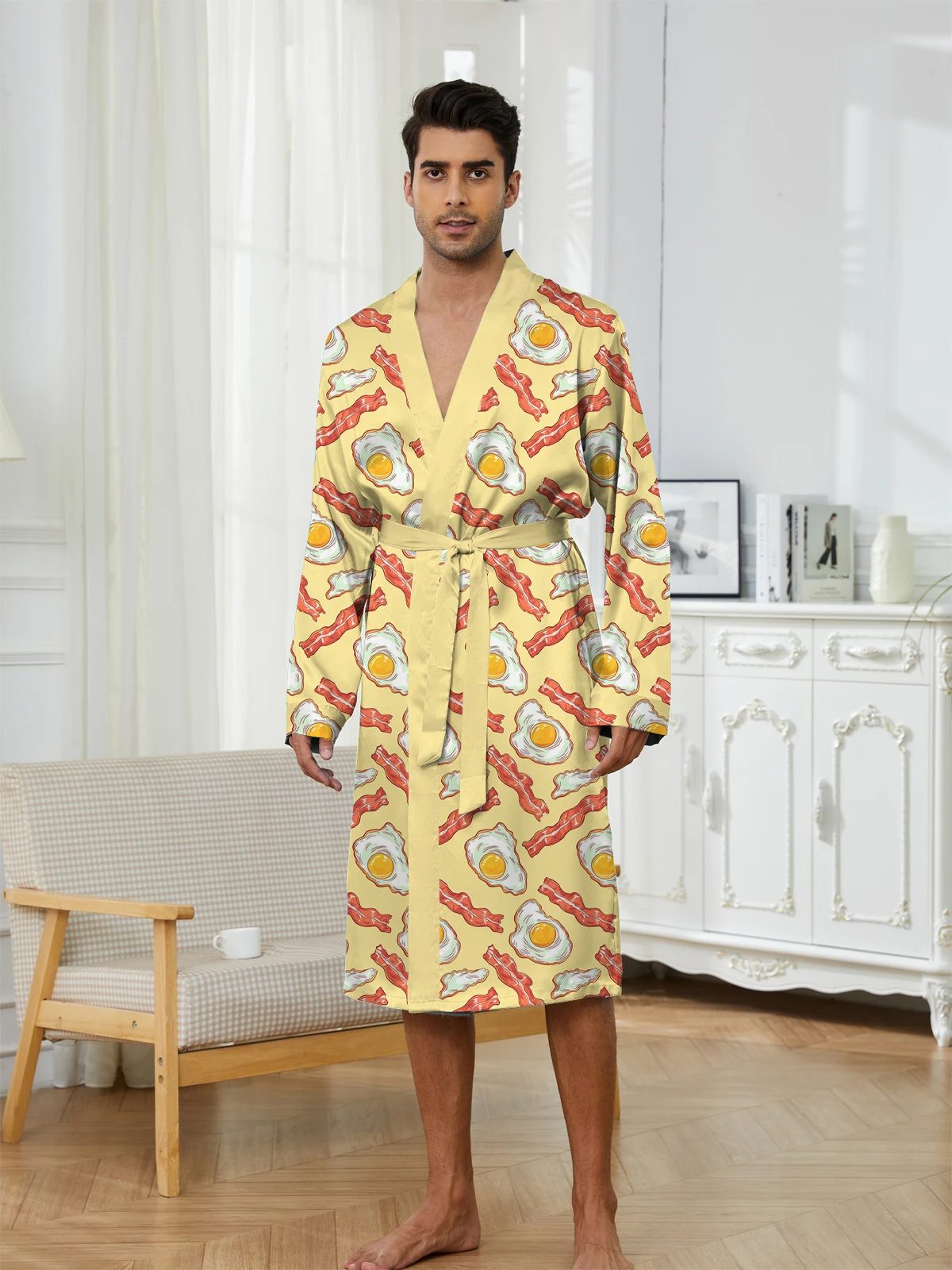 Trendy Men's Long Robes with Digital Printing, Spring Autumn Fun Sleeping Robes for Home Quick Drying, Leisure Entertainment.