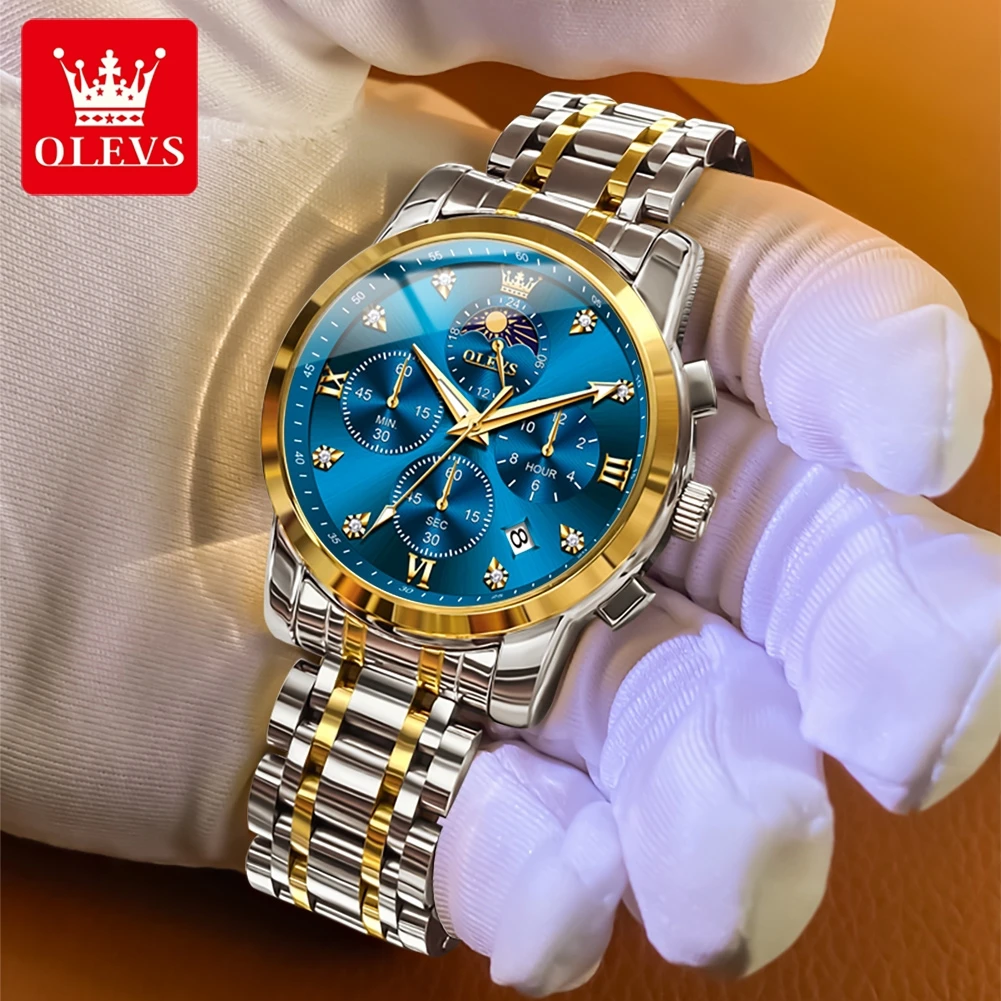 OLEVS 3655 Men Quartz Watch Luxury Fashion Moon Phase Timing Watch Butterfly Buckle Waterproof Luminous Three Eye Dial Men Watch