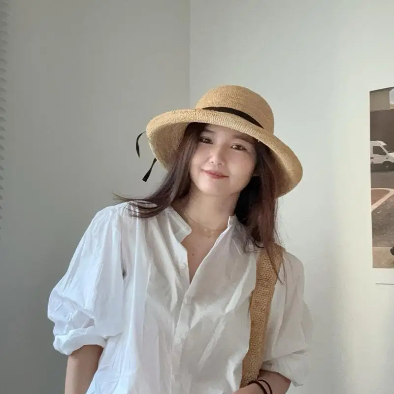 

New Japanese Style Literary Bowknot Straw Hat Raffia Handwoven Bucket Hat Large Brim Sunshade Fisherman Hat Vacation