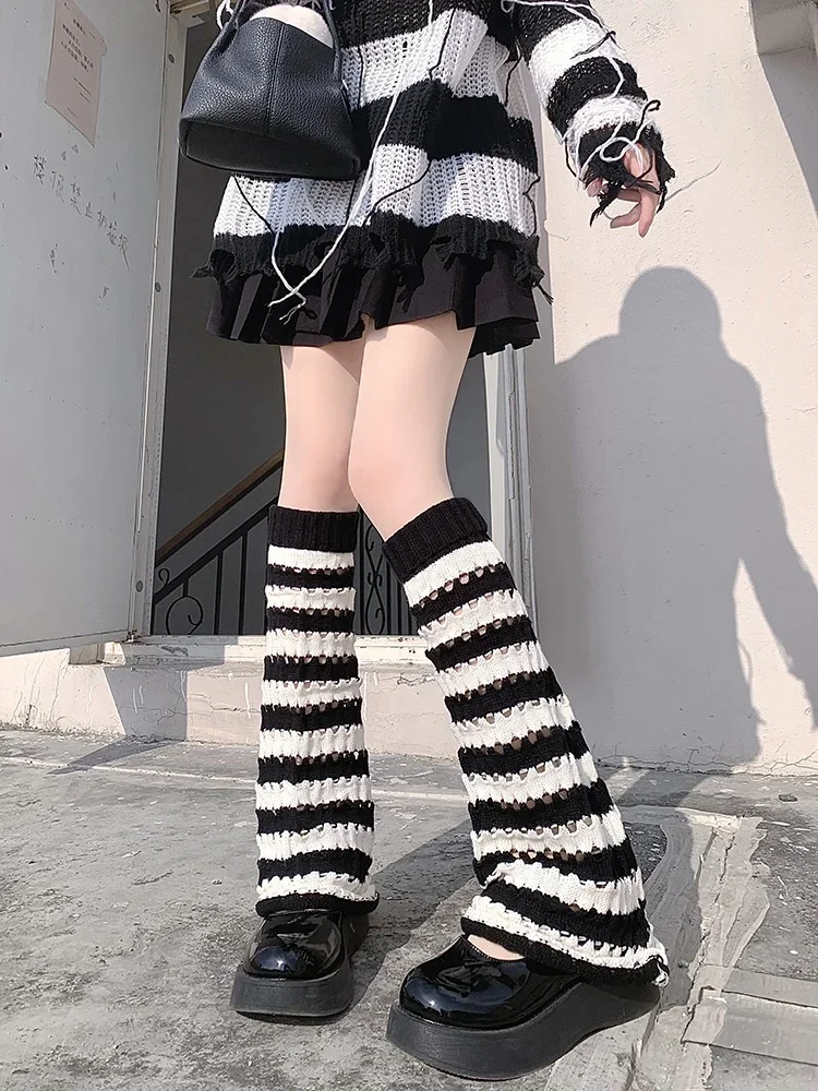 Striped Hollow Out Knitted Punk Flared Leg Warmers Gothic Lolita Trendy Foot Covers Leisure Skirt Cosplay Calf Warmers for Women