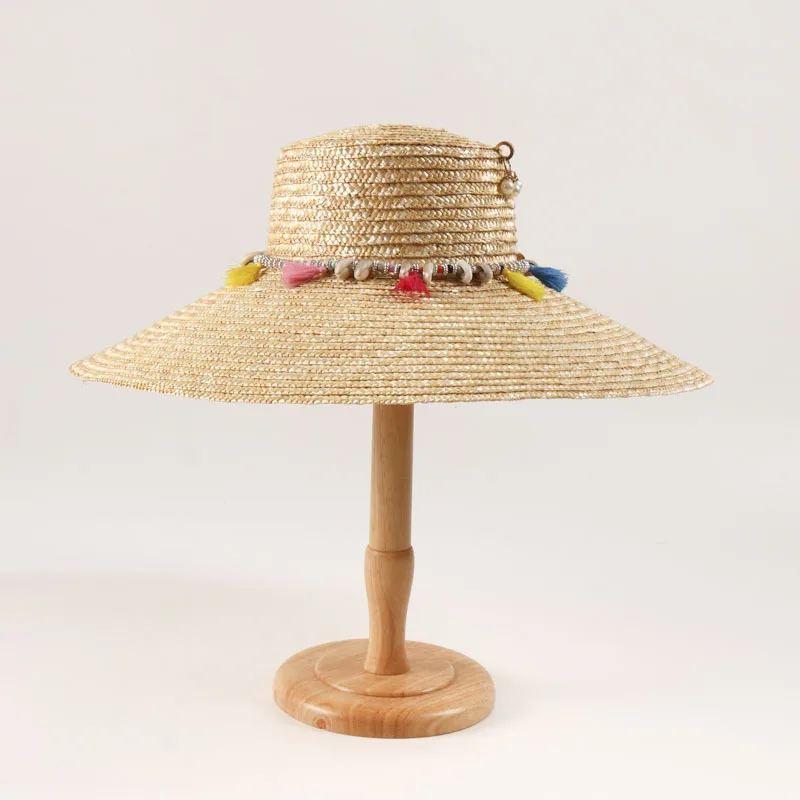 Ethnic Fringe Extra Wide Brim Hand Woven Wheat Straw Beach Hat for Vacation, Cross Border Wholesale
