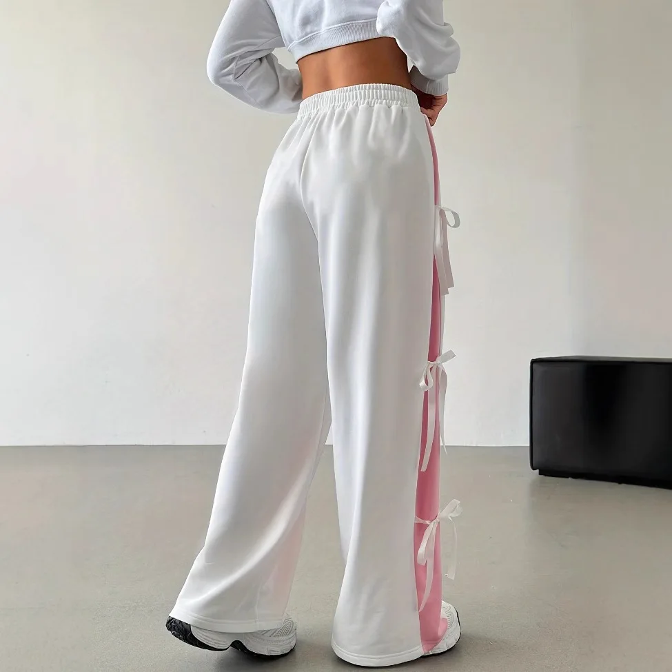 Women's Spring And Autumn Elastic Waist Contrast Color Straight Casual White Sweatpants With Bow Party Boho Y2k、 Maxi