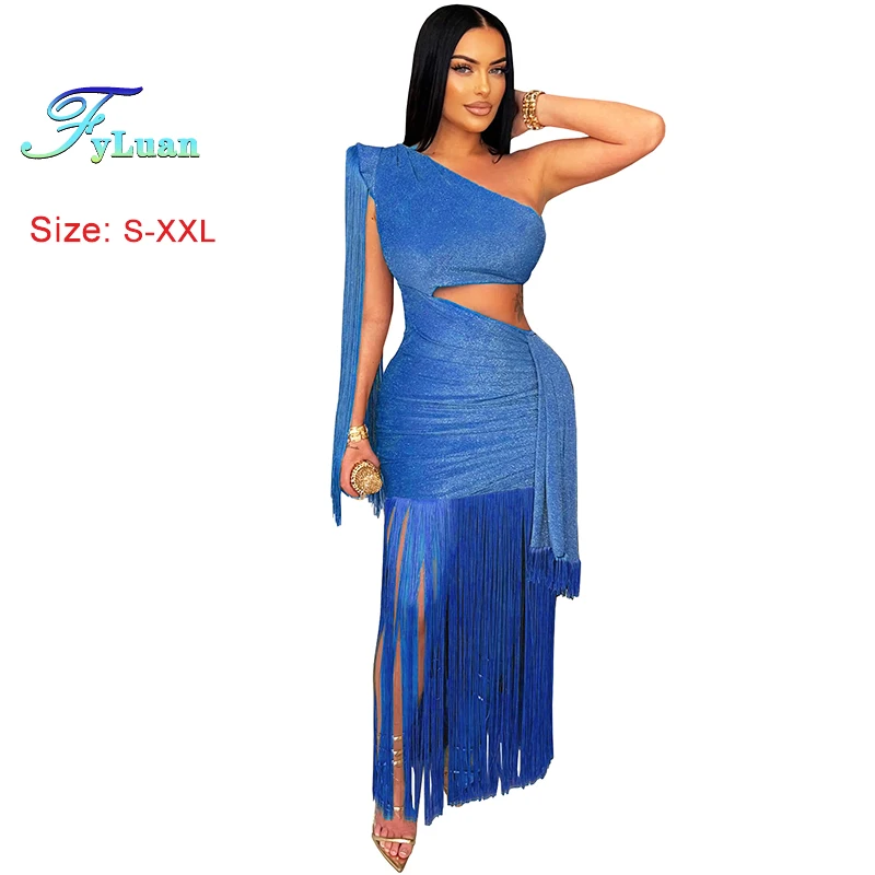 2025年ヨーロッパスタイルレディースロングドレスカジュアル無地ワンショルダータッセルドレスセクシーカットアウトウエストスリミングクラブパーティー服