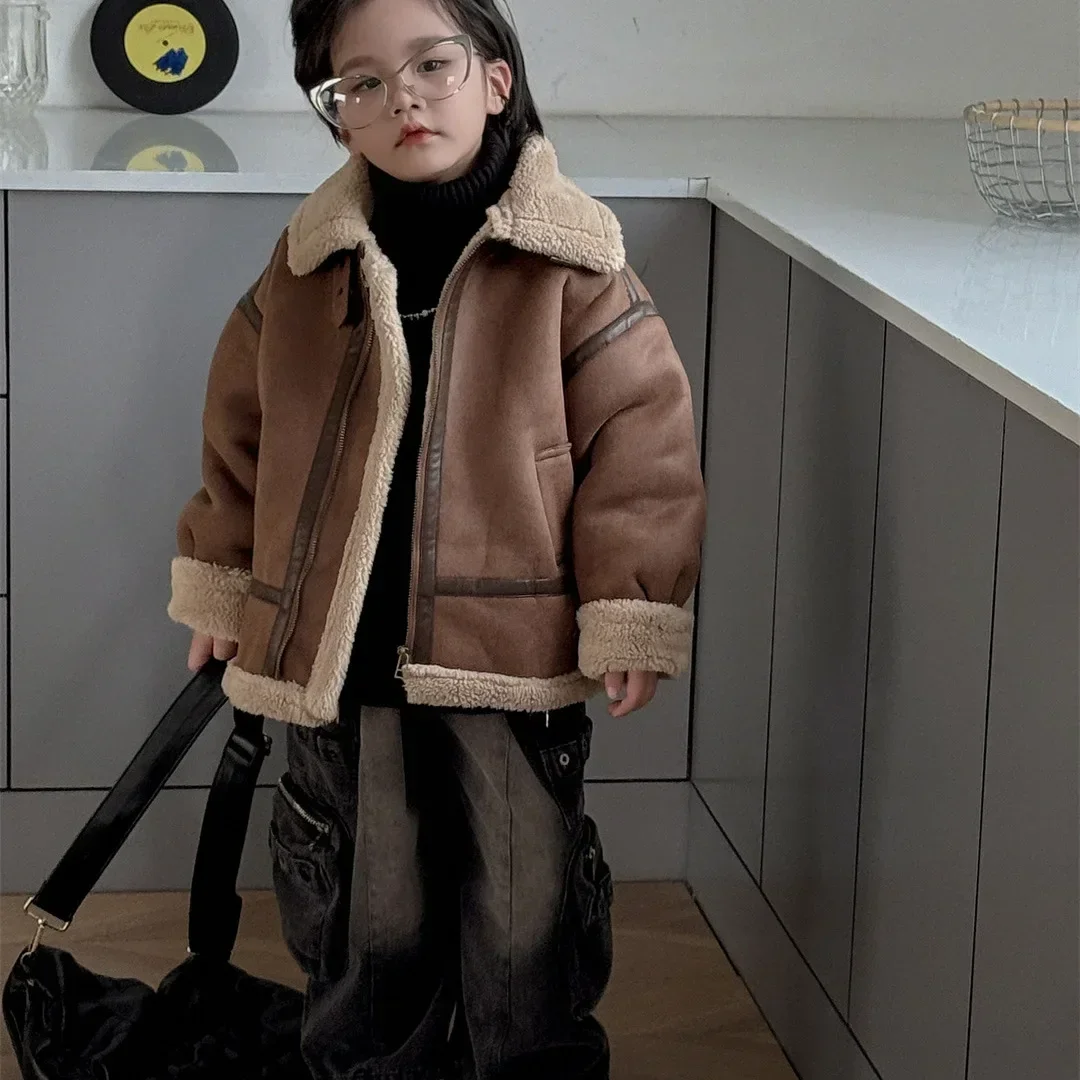 Children Clothing Korean Style Fashion Casual  Lamb Wool Coat 2024 Winter New Boys Girls Fleece Thickened All Matching Jacket