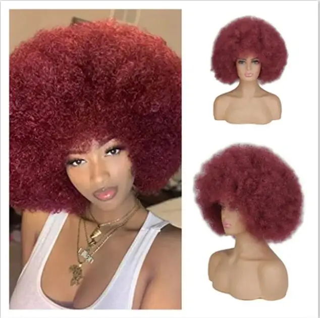 Wig keriting Kinky Afro dengan poni untuk wanita, Wig bulu halus pendek anggur sintetis Afrika pesta untuk Cosplay dansa pesta