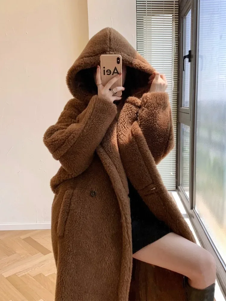 HNL Hooded Teddy Bear Fur Mid-length Coat 2022 Winter New Tobacco Color Alpaca Coat Women\'s Loose