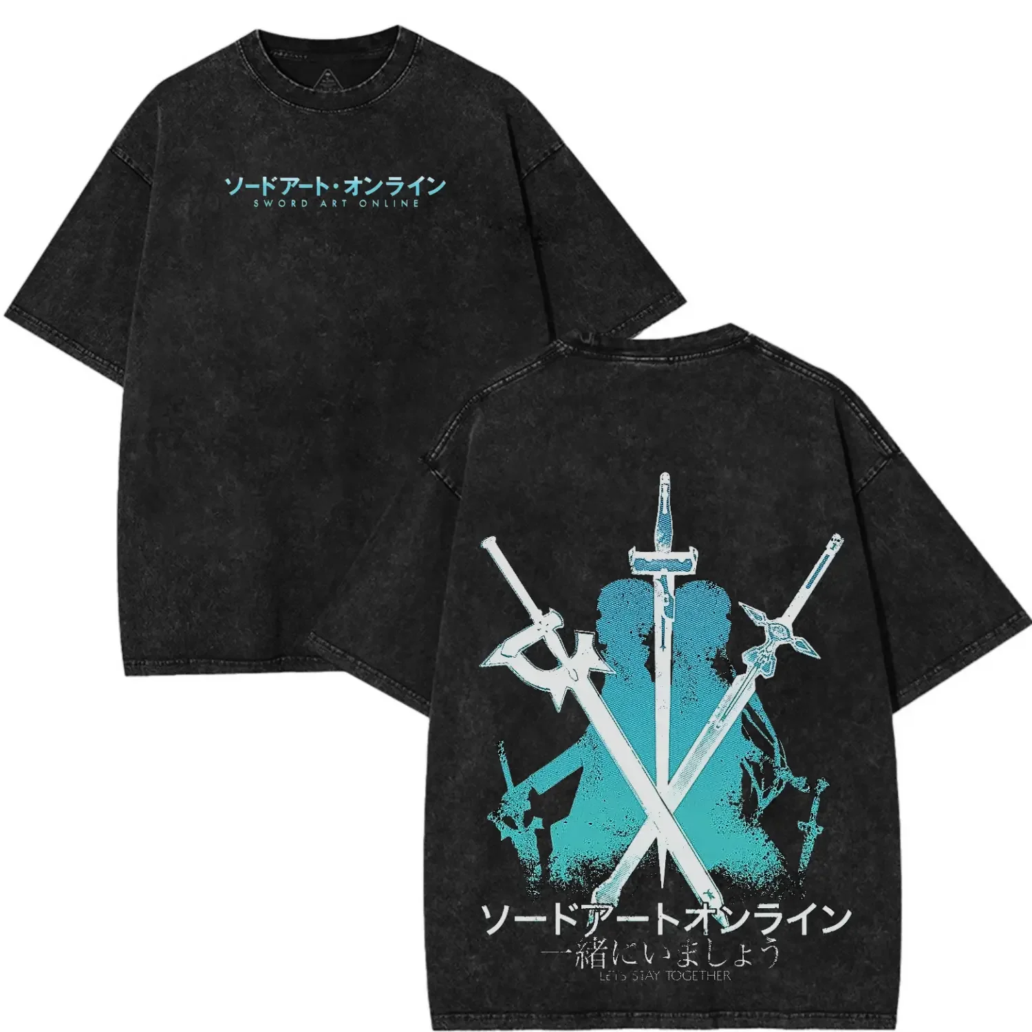 Vintage Washed  Manga Sword Art Online T-shirt Loose T Shirt Men's Clothing Summer O-Neck Short Sleeve Casual Cotton Tees Tops