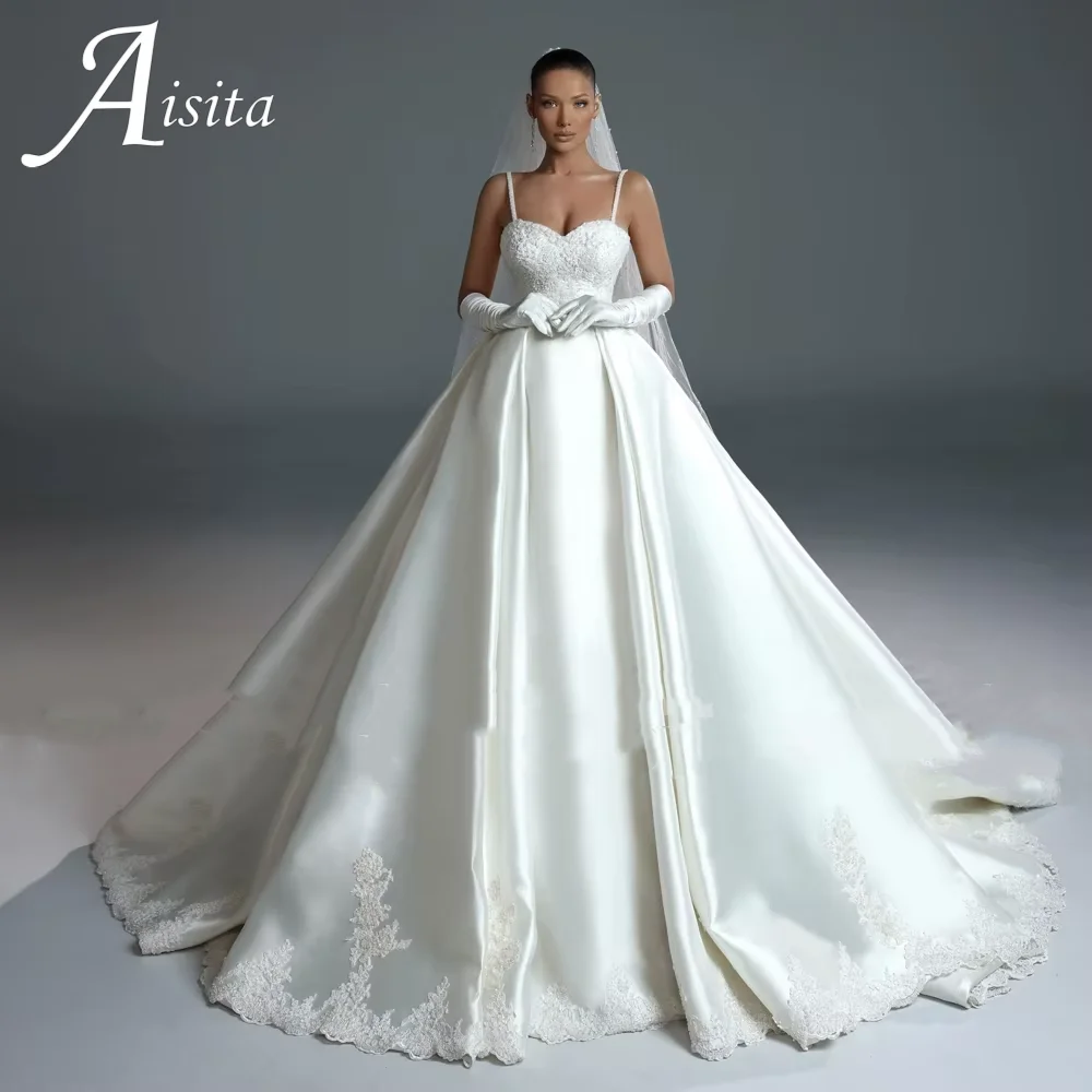 Appliques Satin Ball Gown A-Line  Wedding Dress Customized Romantic Sweetheart Beading Spaghetti Straps Vintage Bridal Gowns