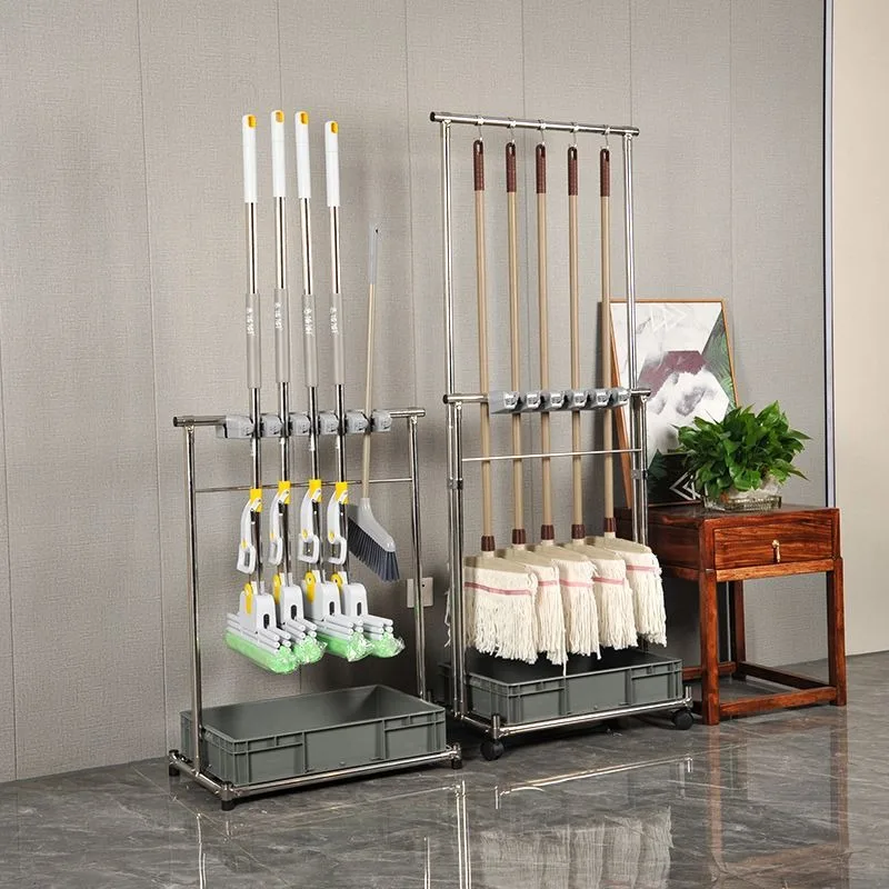 

Stainless steel floor-to-ceiling mop rack, movable rack, broom rack storage rack