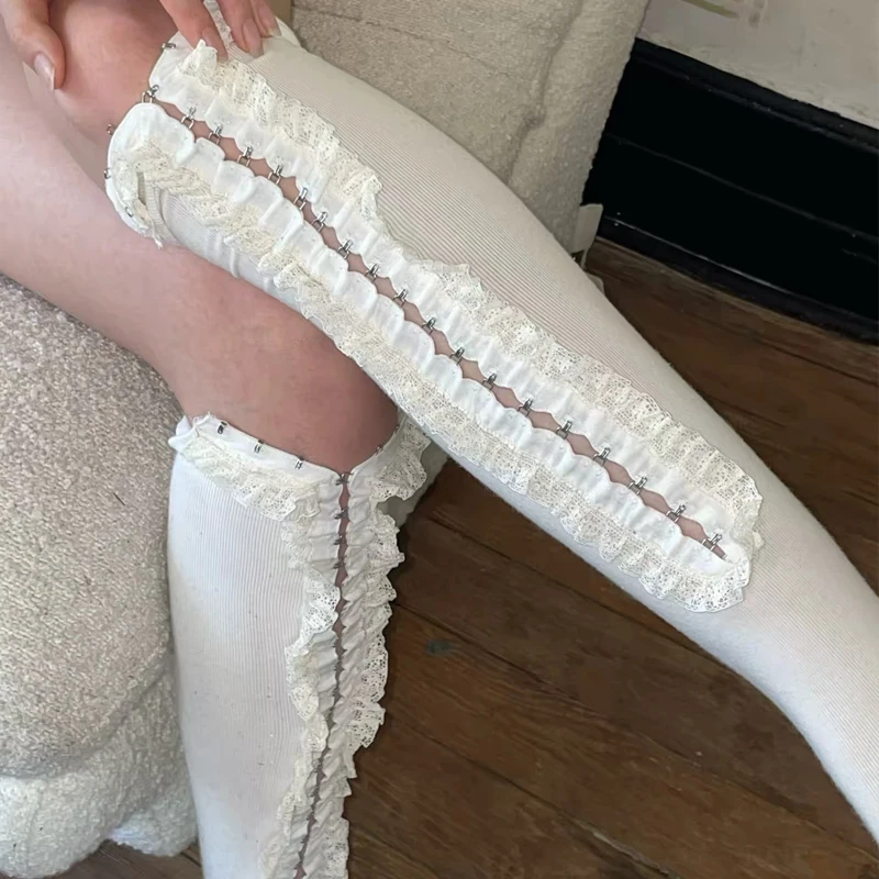 

Japanese Underwear Buckle Stocking Women Summer Personalised Hollow Lacework Lolita Knee High Socks Spice Girls Y2K Leg Warmers