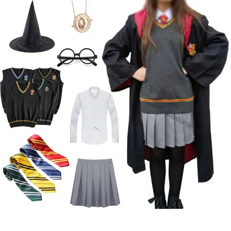 Women Girls Witchcraft Cosplay Kids Adult Magic School Uniform Wizard House Robe Sweater Scarf Tie Halloween Costume