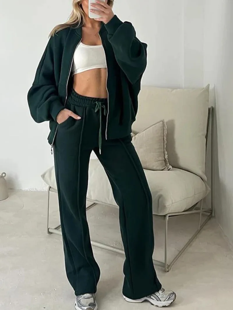 Femmes pantalon décontracté ensemble automne/hiver fermeture éclair veste décontractée pantalon à jambes larges 2 pièces ensemble tenues nouveau 2025 mode sport femmes costume