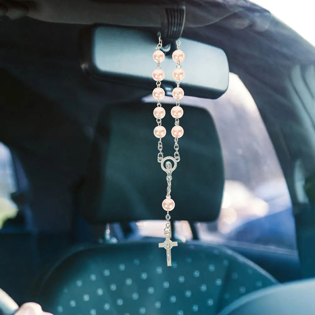

2Pcs Catholic Auto Rosary Beads Car Rearview Mirror Cross Pendant Hanging Decor for Women Men Rearview Mirror Auto Rosary