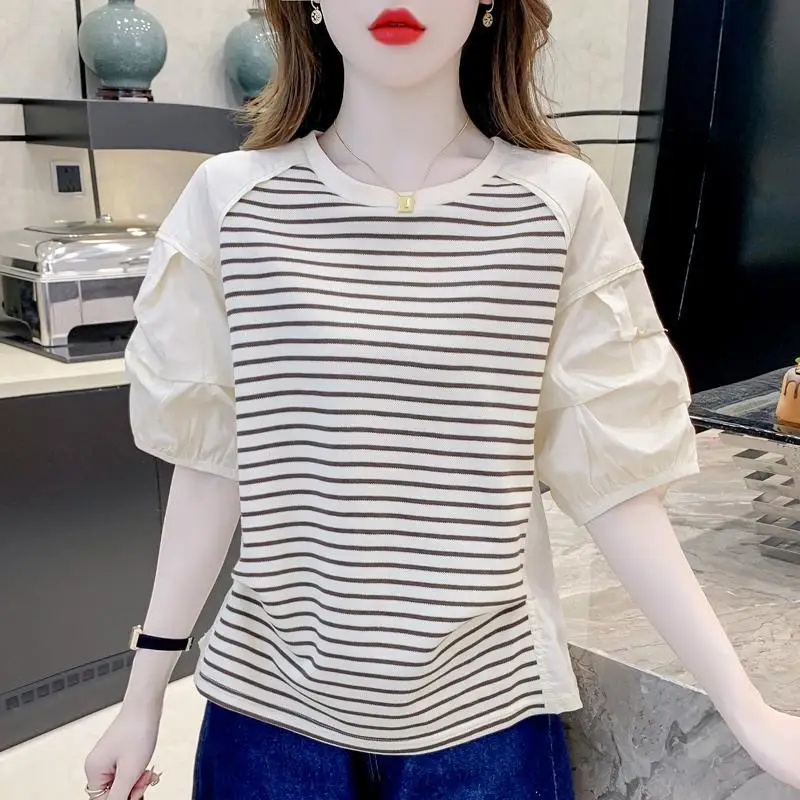 

Summer Fashion Puff Sleeve Stripe T-shirt Women 2024 New Design Sense Round Neck Short Sleeve Corset Office Lady Casual Tops