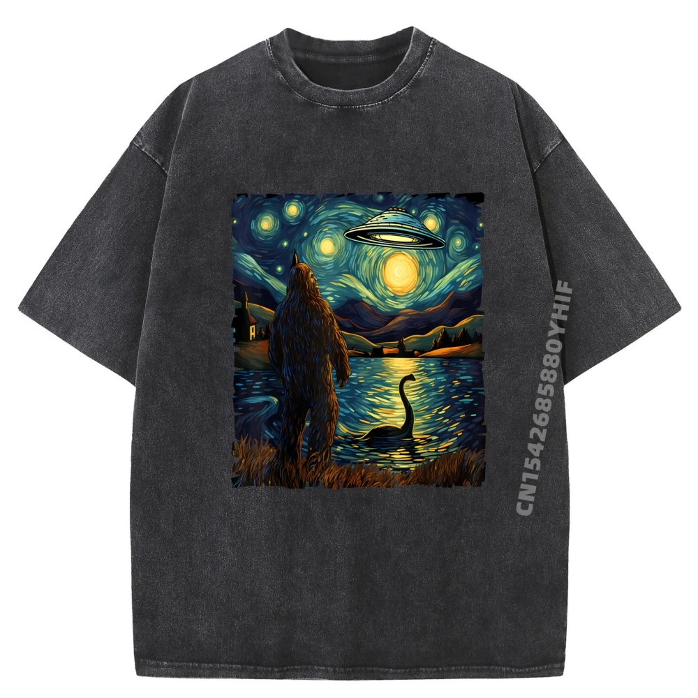 

Bigfoot UFO Van Gogh Starry Топы и футболки Негабаритные хлопковые мужские футболки премиум-класса для мужчин Семейная футболка Ретро стираная семья
