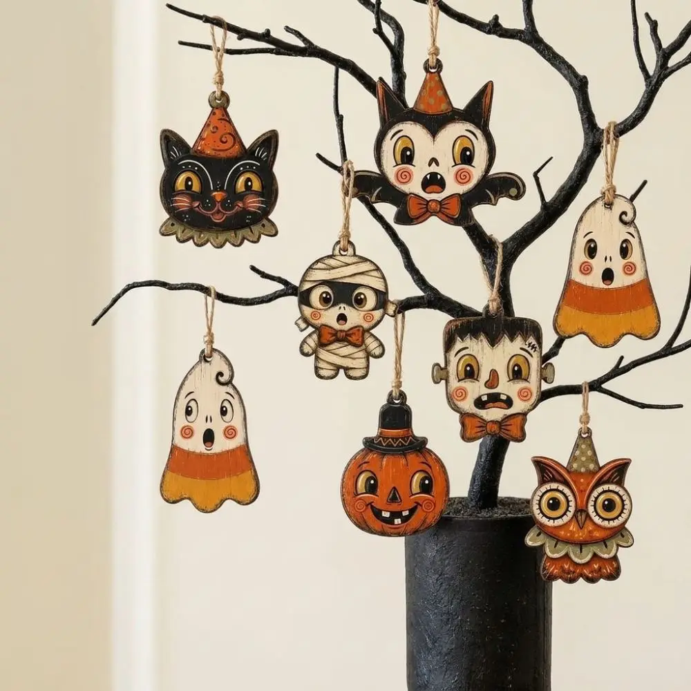 Vintage Style Halloween Pumpkin Ghost Pendant Trick or Treat Cartoon Owls Bat Hanging Decoration Distressed Painted with Rope