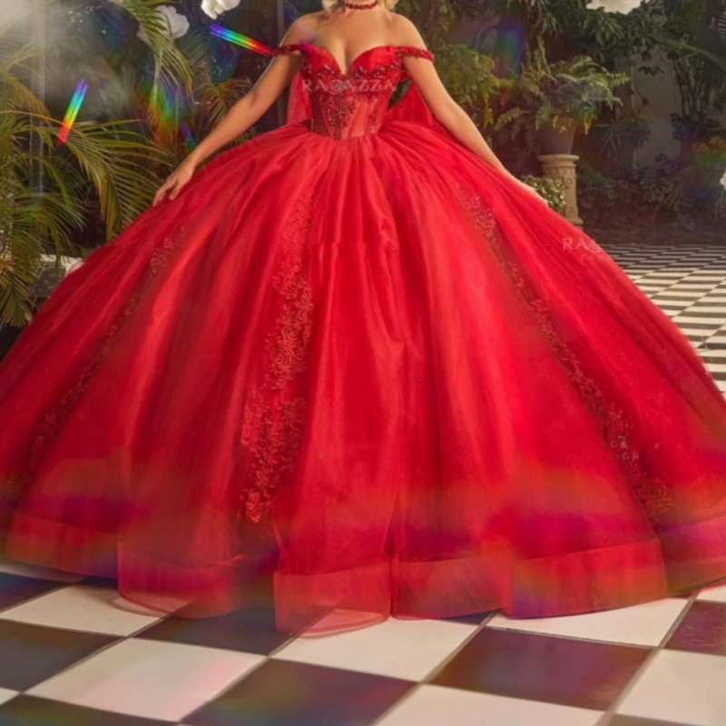 

Charming Red Princess Girl 14 15 Year Girl Quinceanera Ball Gown Dresses With Long Cape Applique Women Birthday Party Prom Gown