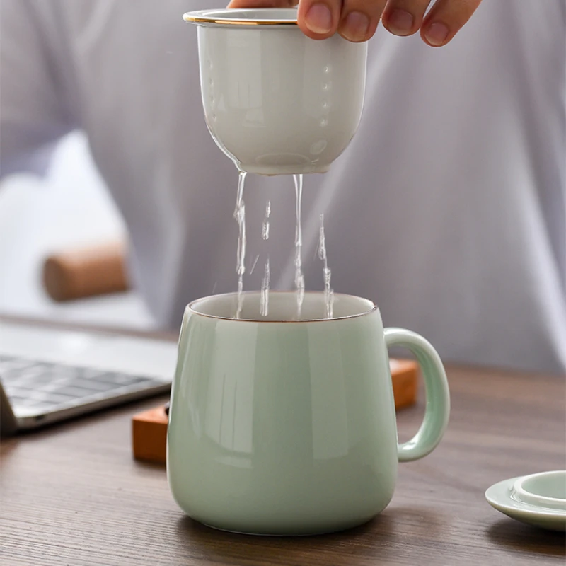 

Tea separation tea cup, ceramic tea brewing cup, office with lid, filtering, drinking tea, single person dedicated mug