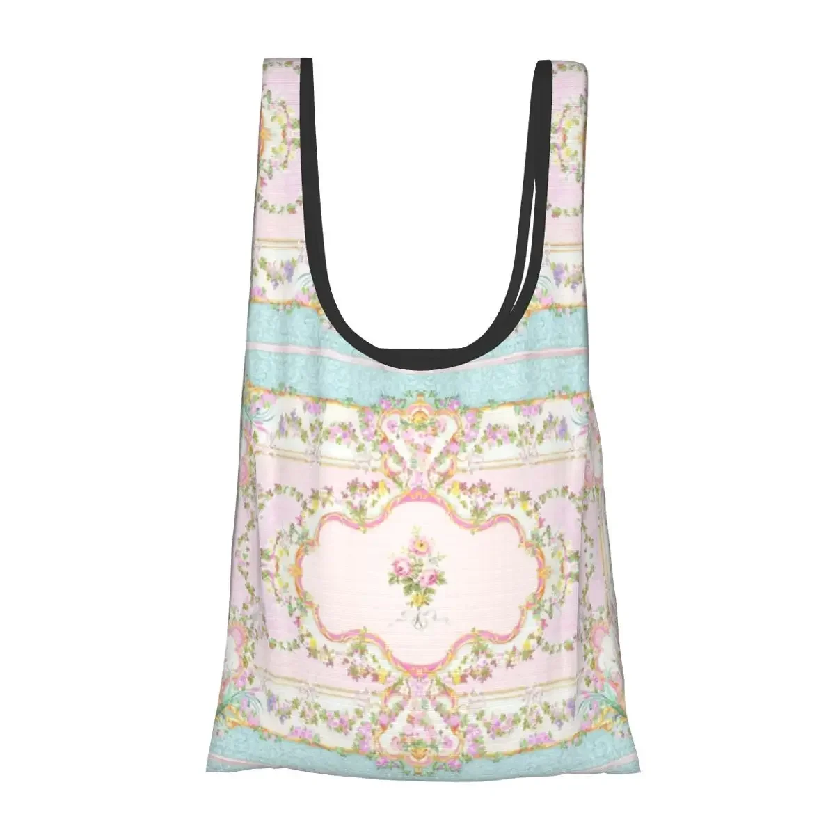 French Rococo Floral Watercolor Panel Portable Tote Shopping Bags Foldable Shopper Bag Groceries Handbag Shoulder Bag
