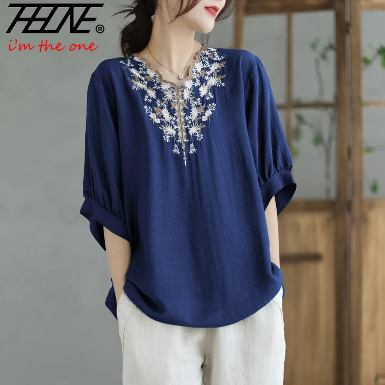THHONE Moda Verão Mulheres Camiseta 2025 Bordado Impressão Vintage Com Decote Em V Casual Estilo Chinês Solto Tops Roupas Femininas Camisetas